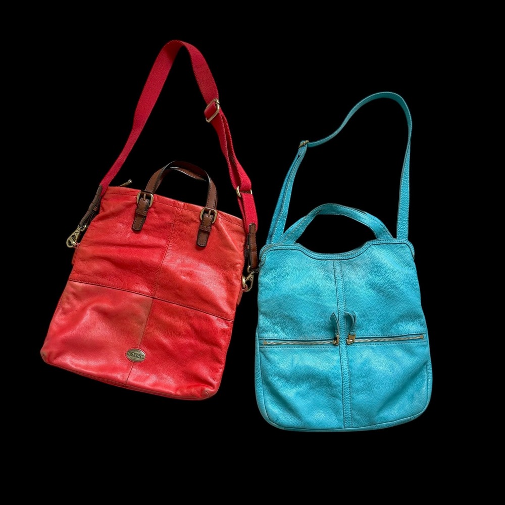 Y2K Fossil Leather 2 Lot Crossbody Bag Red and Turquoise Blue Pebbled Leather